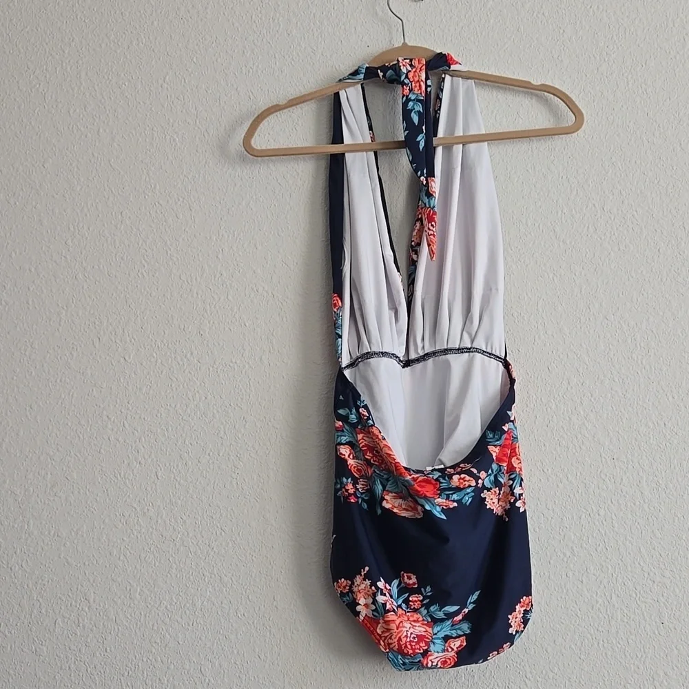 Cocoship Floral Blue One Piece Halter Neck Swimsuit